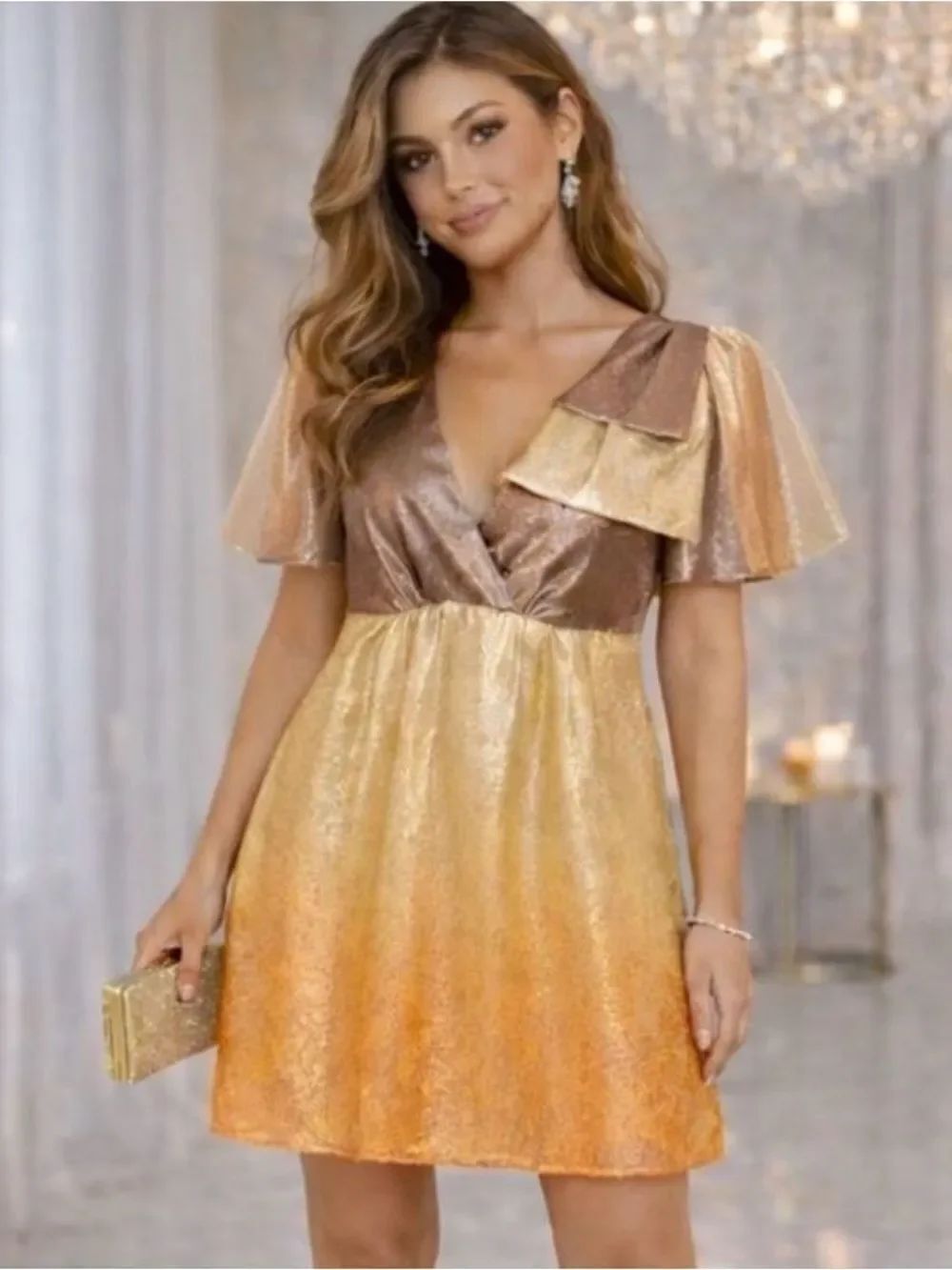 Voom by Joy Han Brown Orange Bow Shimmery Ombre Metallic Silk Cocktail Dress S